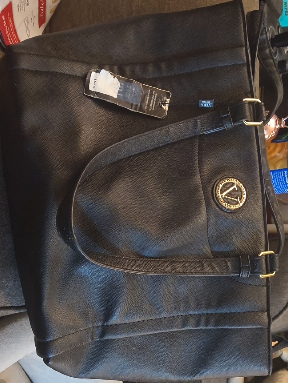 Black Vegan Leather Tote Bag with Gold Accent -